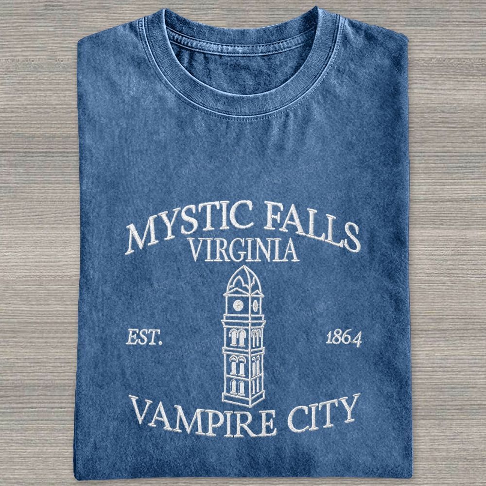 Embroidered Mystic Falls Vampire City Washed T-shirt 