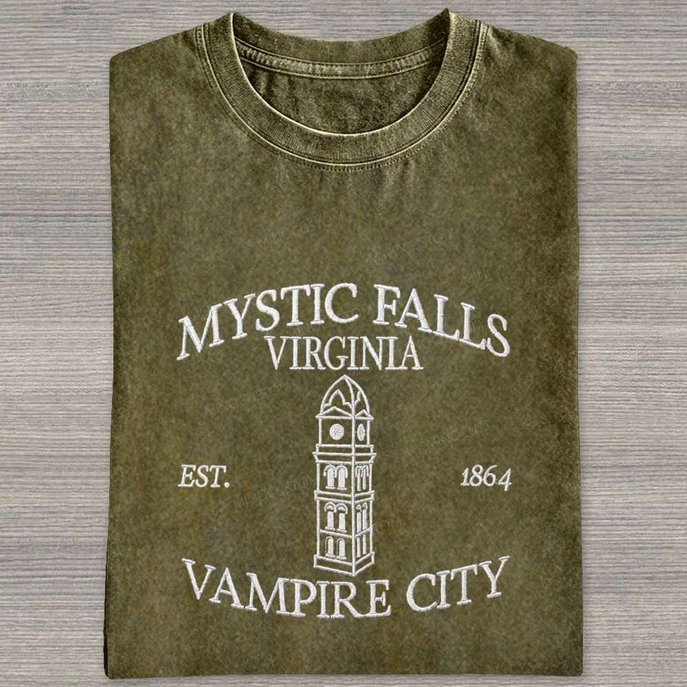 Embroidered Mystic Falls Vampire City Washed T-shirt 