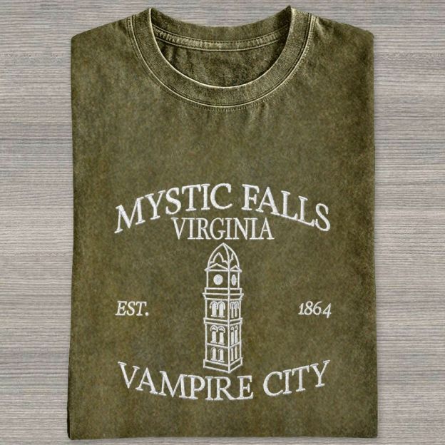 Embroidered Mystic Falls Vampire City Washed T-shirt 
