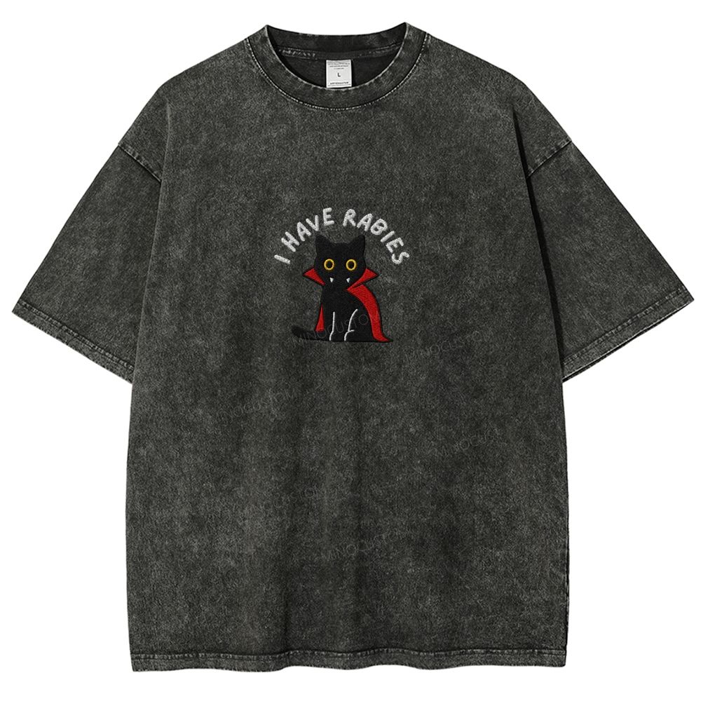 Embroidered“I HAVE RABIES” Funny Halloween Cat Washed T-shirt 