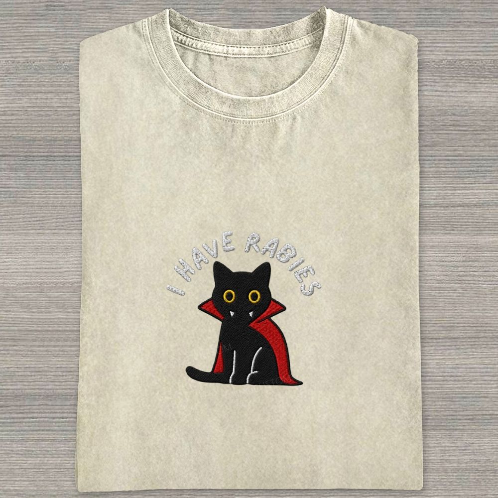 Embroidered“I HAVE RABIES” Funny Halloween Cat Washed T-shirt 