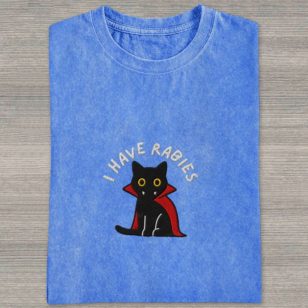 Embroidered“I HAVE RABIES” Funny Halloween Cat Washed T-shirt 