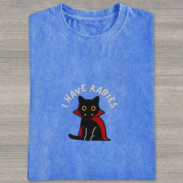 Embroidered“I HAVE RABIES” Funny Halloween Cat Washed T-shirt 