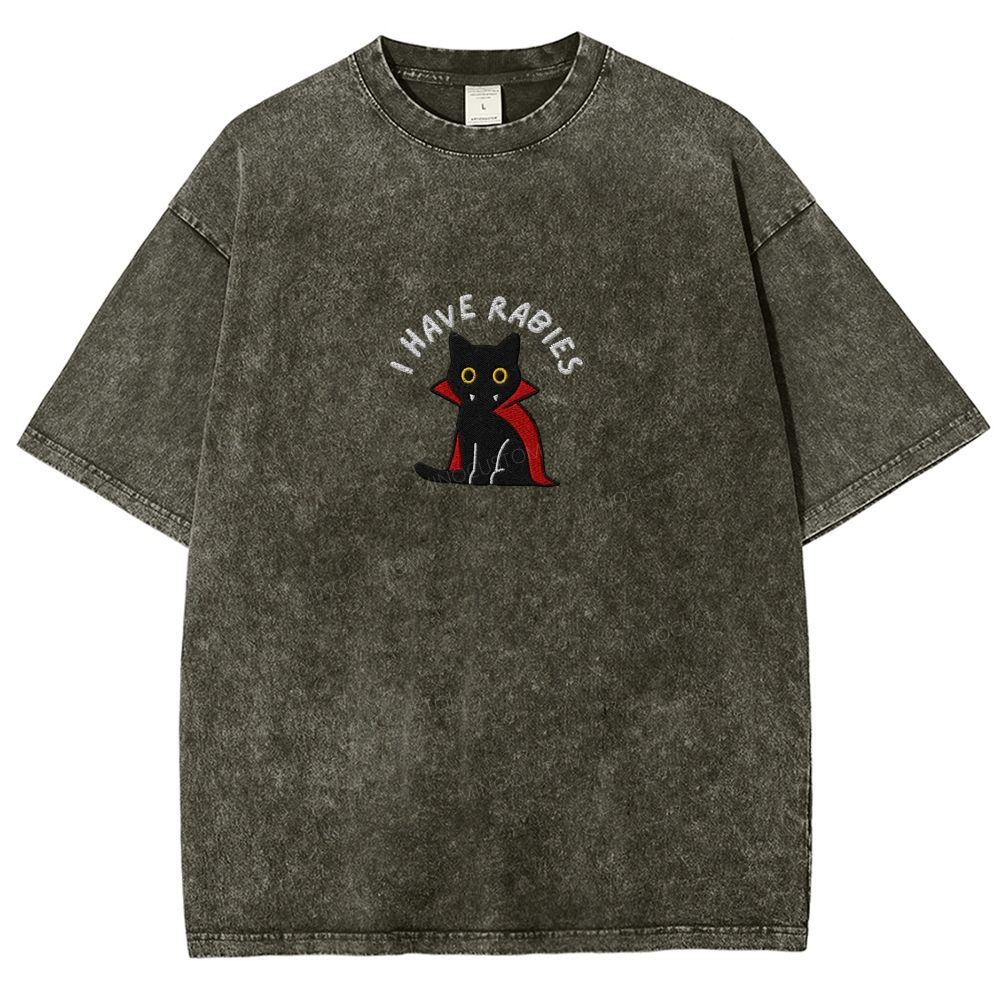 Embroidered“I HAVE RABIES” Funny Halloween Cat Washed T-shirt 