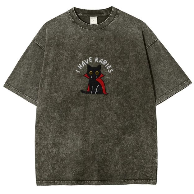 Embroidered“I HAVE RABIES” Funny Halloween Cat Washed T-shirt 