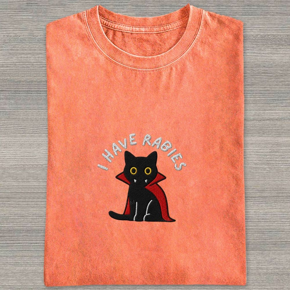 Embroidered“I HAVE RABIES” Funny Halloween Cat Washed T-shirt 