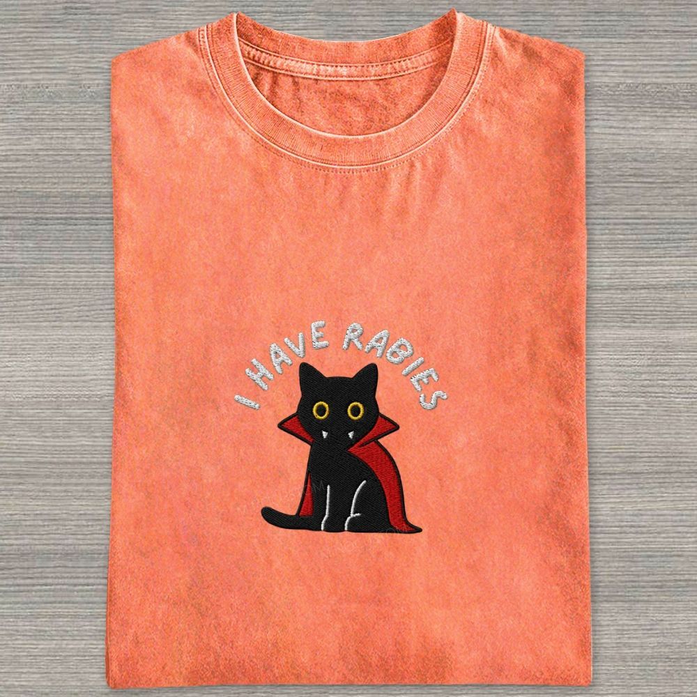 Embroidered“I HAVE RABIES” Funny Halloween Cat Washed T-shirt 