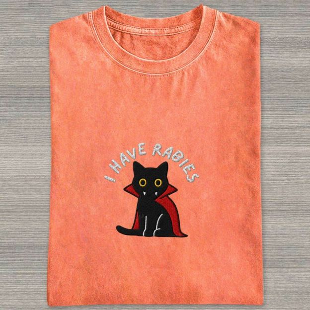 Embroidered“I HAVE RABIES” Funny Halloween Cat Washed T-shirt 