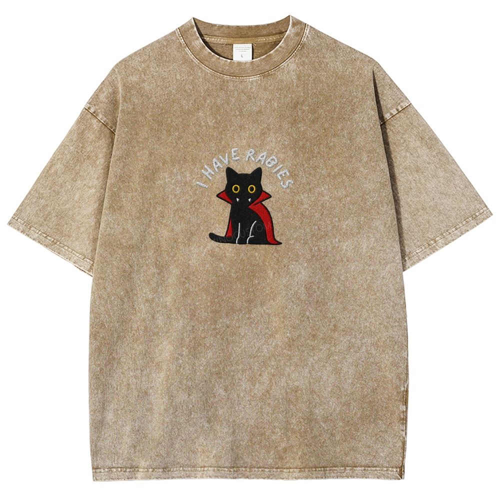 Embroidered“I HAVE RABIES” Funny Halloween Cat Washed T-shirt 