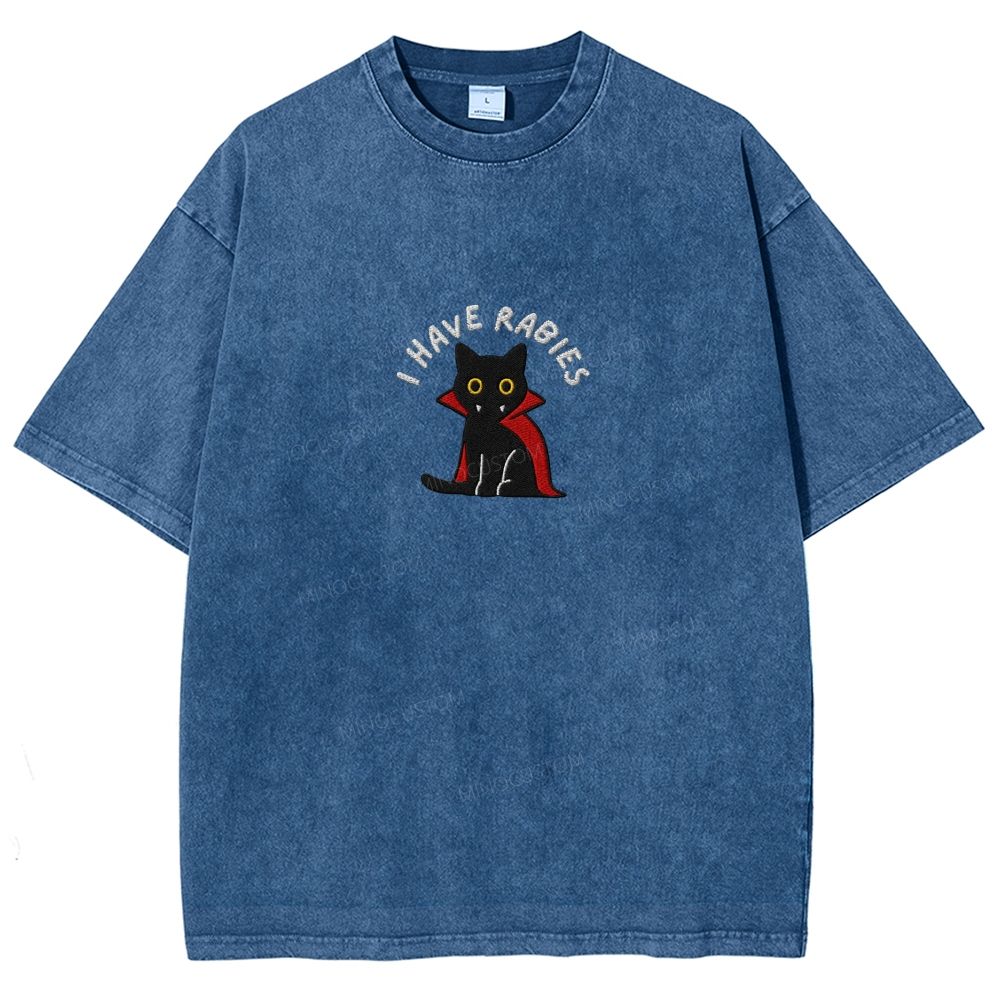 Embroidered“I HAVE RABIES” Funny Halloween Cat Washed T-shirt 