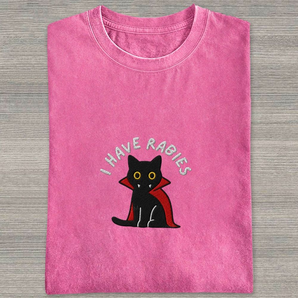 Embroidered“I HAVE RABIES” Funny Halloween Cat Washed T-shirt 