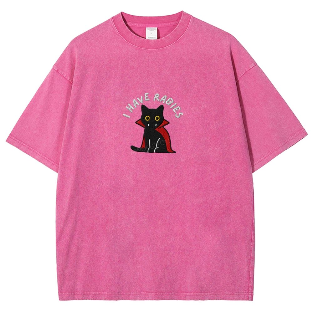 Embroidered“I HAVE RABIES” Funny Halloween Cat Washed T-shirt 