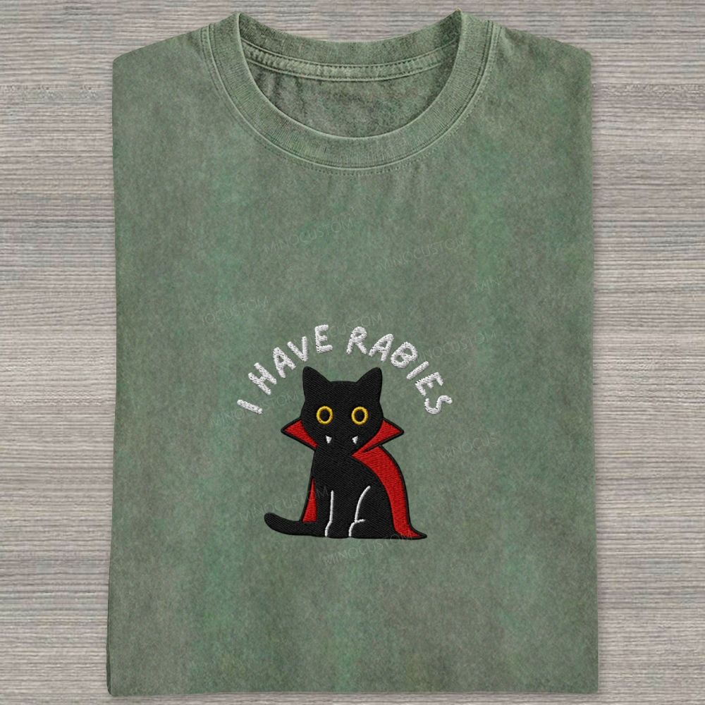 Embroidered“I HAVE RABIES” Funny Halloween Cat Washed T-shirt 