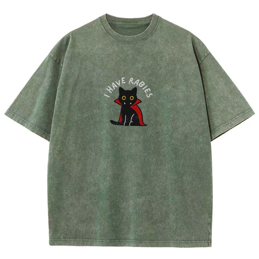 Embroidered“I HAVE RABIES” Funny Halloween Cat Washed T-shirt 