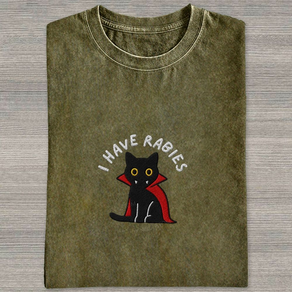 Embroidered“I HAVE RABIES” Funny Halloween Cat Washed T-shirt 