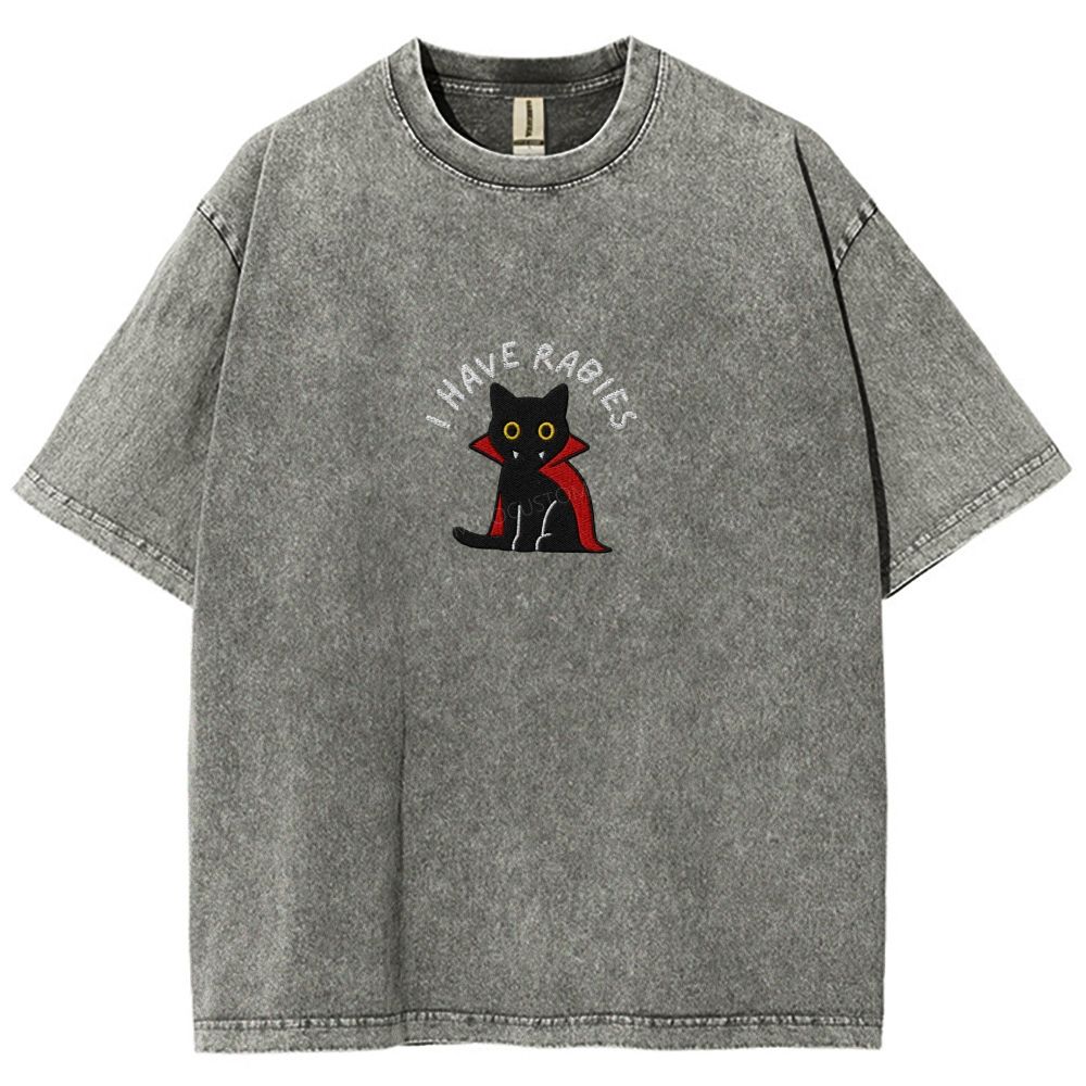 Embroidered“I HAVE RABIES” Funny Halloween Cat Washed T-shirt 