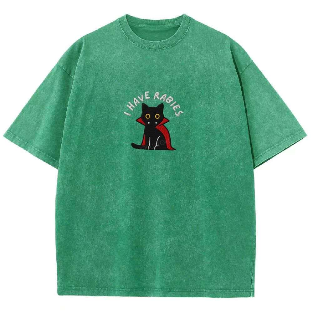 Embroidered“I HAVE RABIES” Funny Halloween Cat Washed T-shirt 