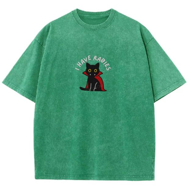 Embroidered“I HAVE RABIES” Funny Halloween Cat Washed T-shirt 