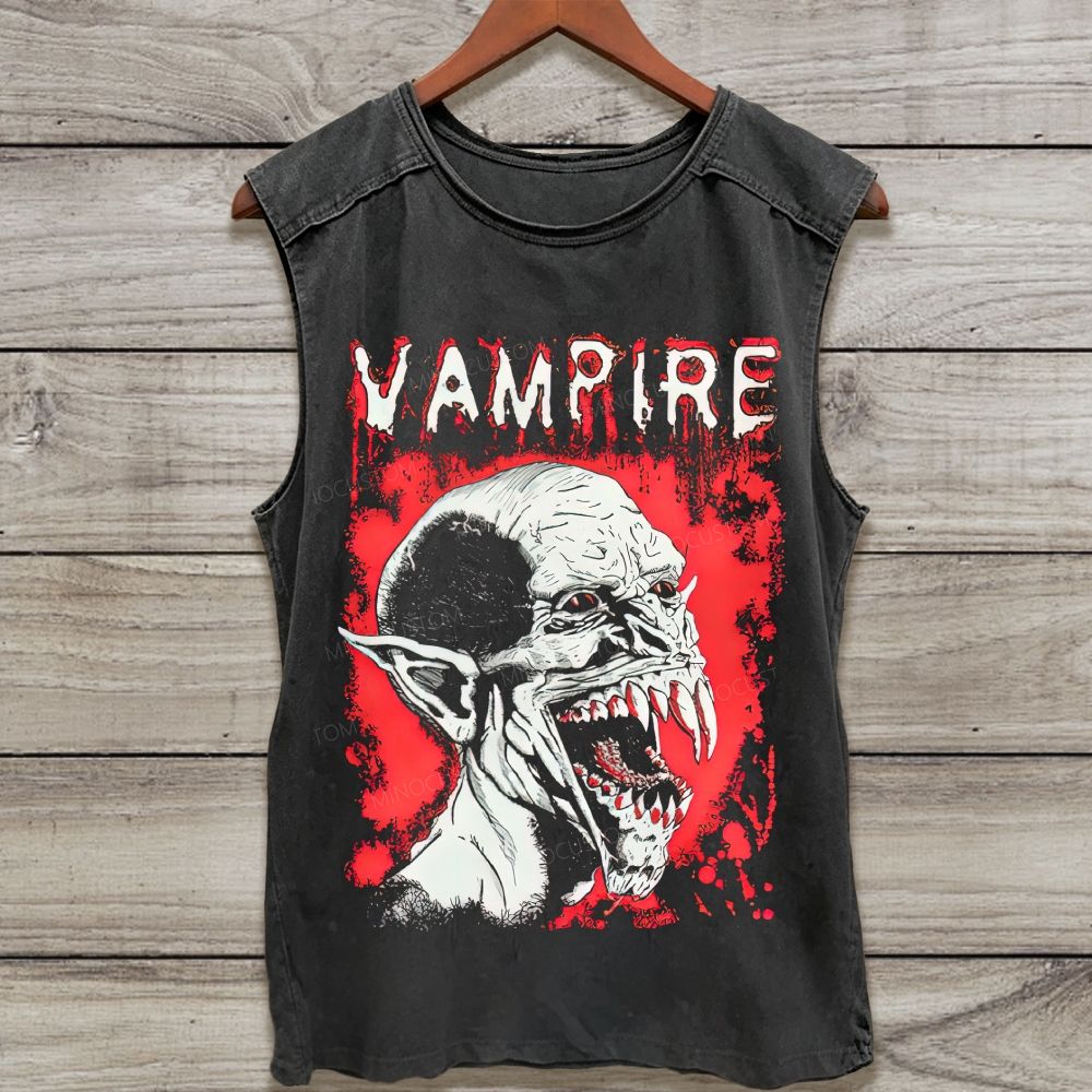 Dark Horror Fanged Vampire‑Like Creature Graphic Washed Tank Top