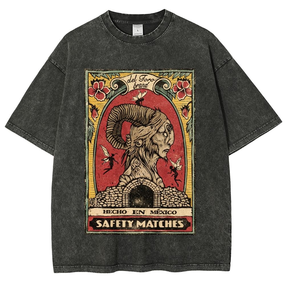 Vintage Mexican Matchbox Style Horned Creature Graphic Unisex Fit Washed T-Shirt