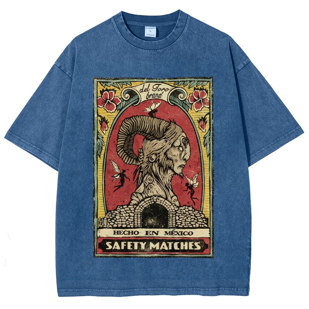 Vintage Mexican Matchbox Style Horned Creature Graphic Unisex Fit Washed T-Shirt