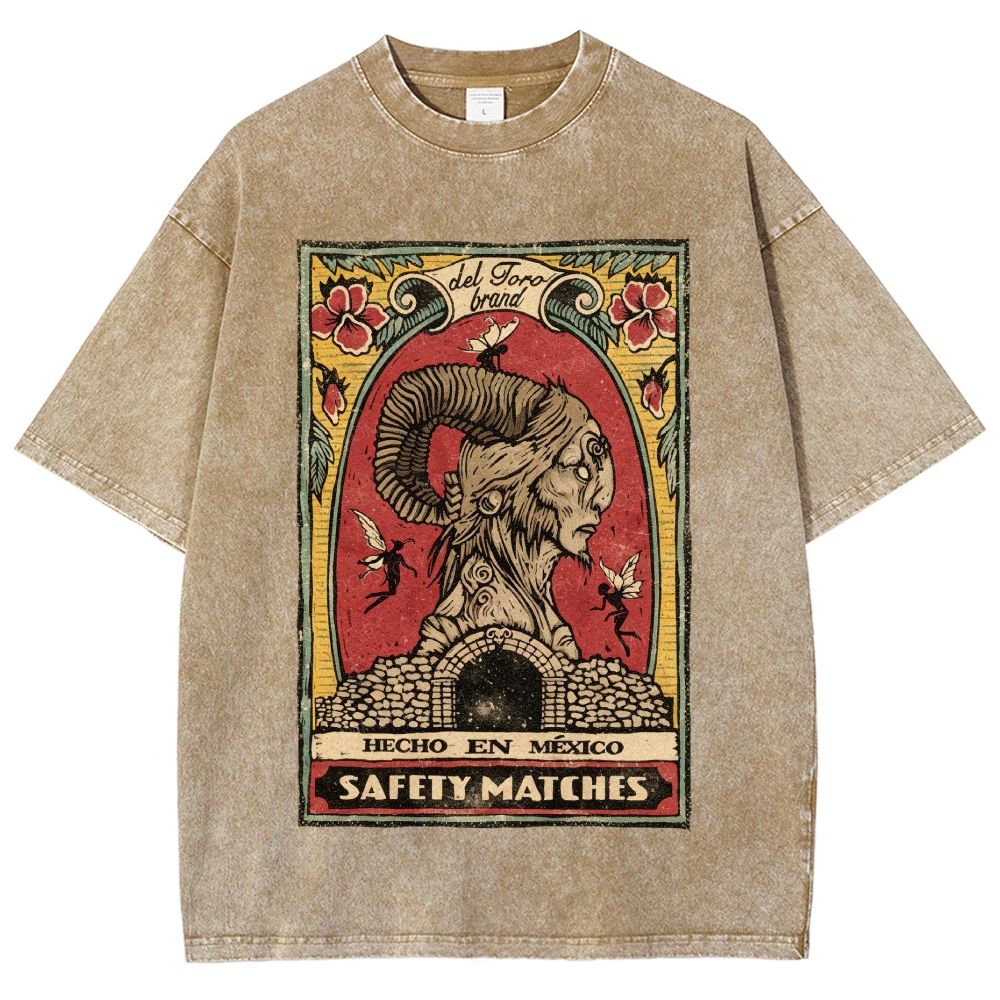 Vintage Mexican Matchbox Style Horned Creature Graphic Unisex Fit Washed T-Shirt