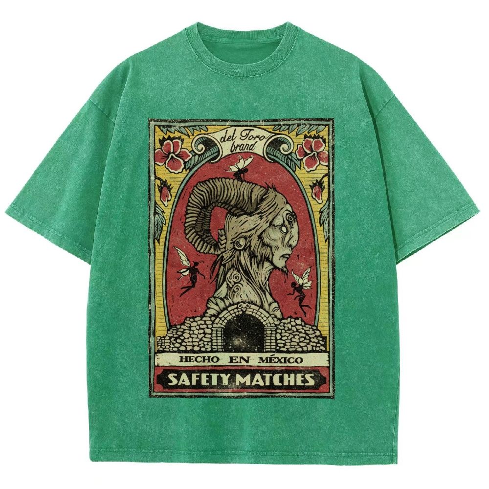 Vintage Mexican Matchbox Style Horned Creature Graphic Unisex Fit Washed T-Shirt