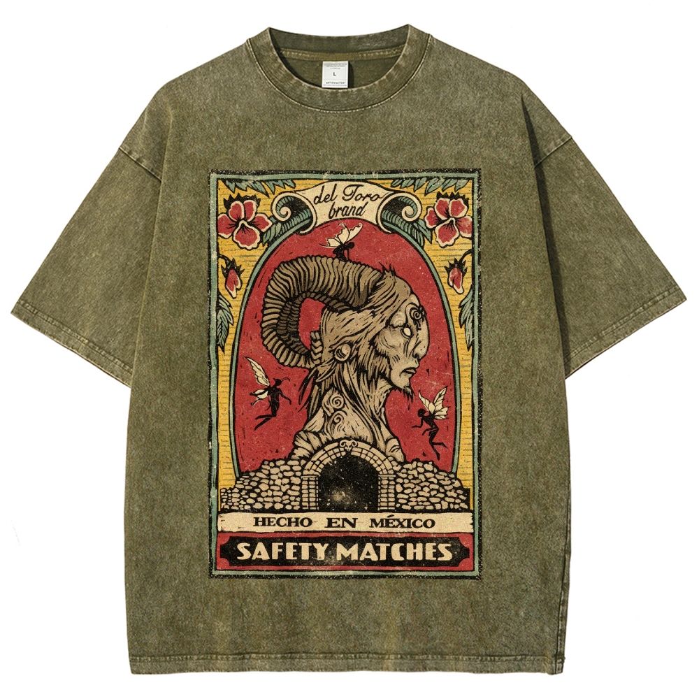 Vintage Mexican Matchbox Style Horned Creature Graphic Unisex Fit Washed T-Shirt