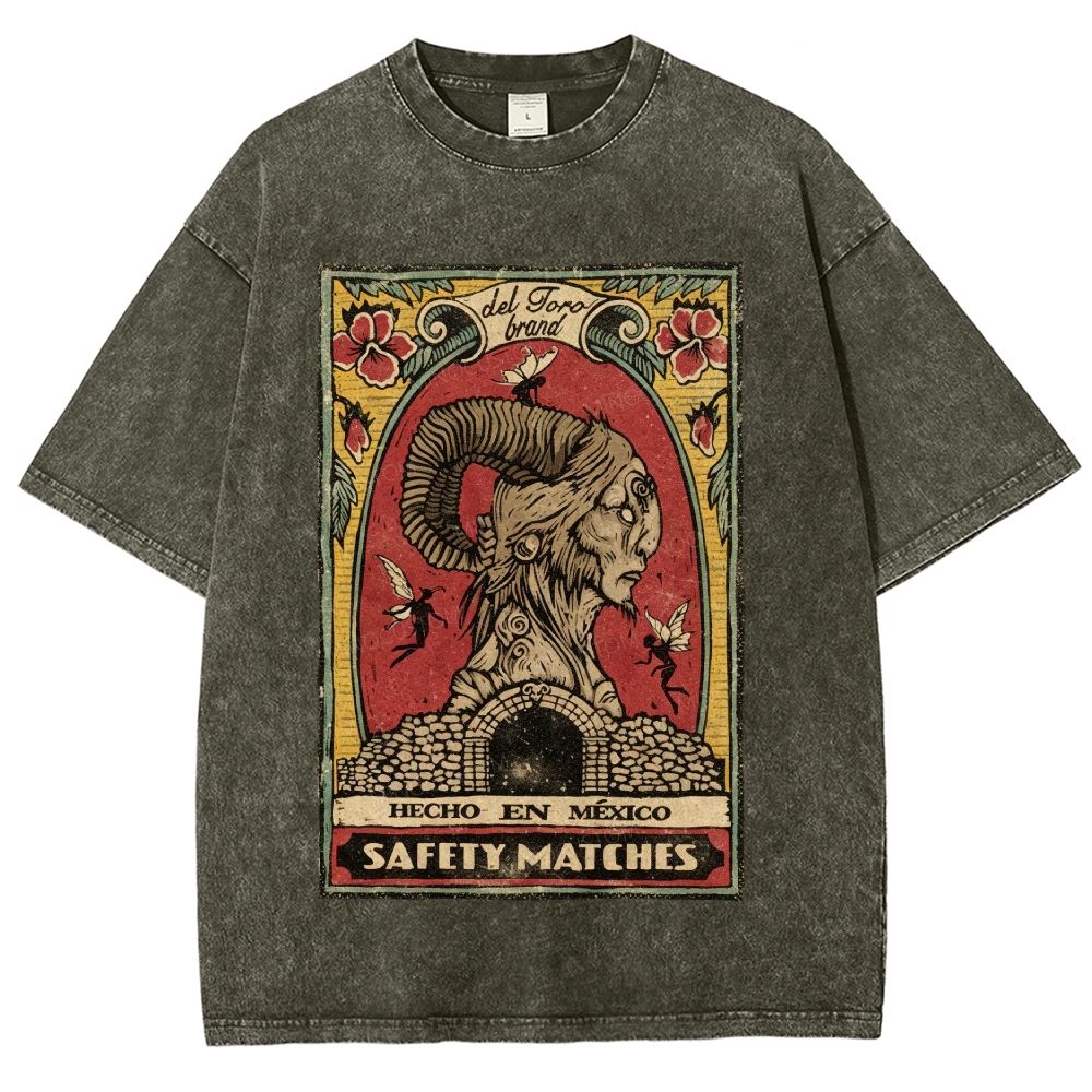 Vintage Mexican Matchbox Style Horned Creature Graphic Unisex Fit Washed T-Shirt