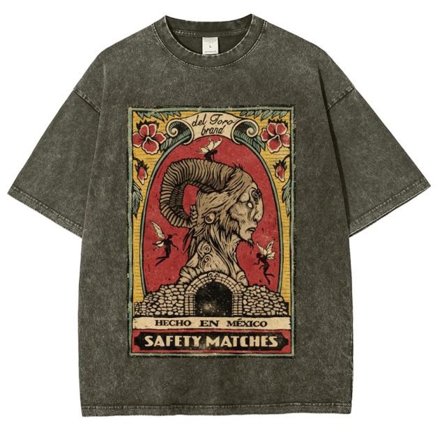 Vintage Mexican Matchbox Style Horned Creature Graphic Unisex Fit Washed T-Shirt