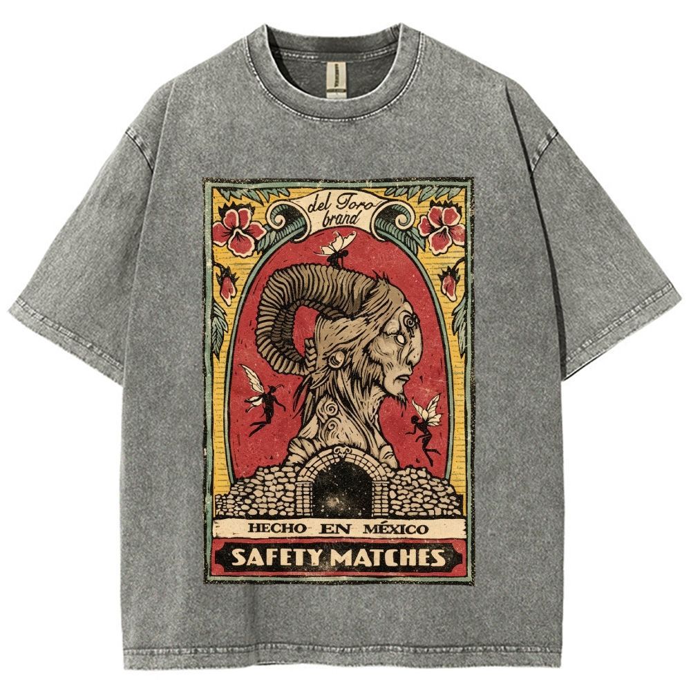 Vintage Mexican Matchbox Style Horned Creature Graphic Unisex Fit Washed T-Shirt