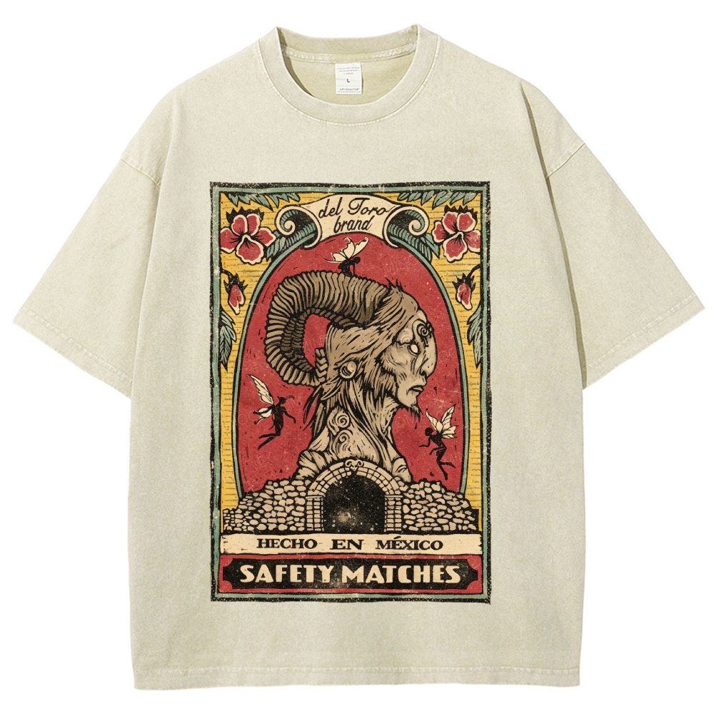 Vintage Mexican Matchbox Style Horned Creature Graphic Unisex Fit Washed T-Shirt