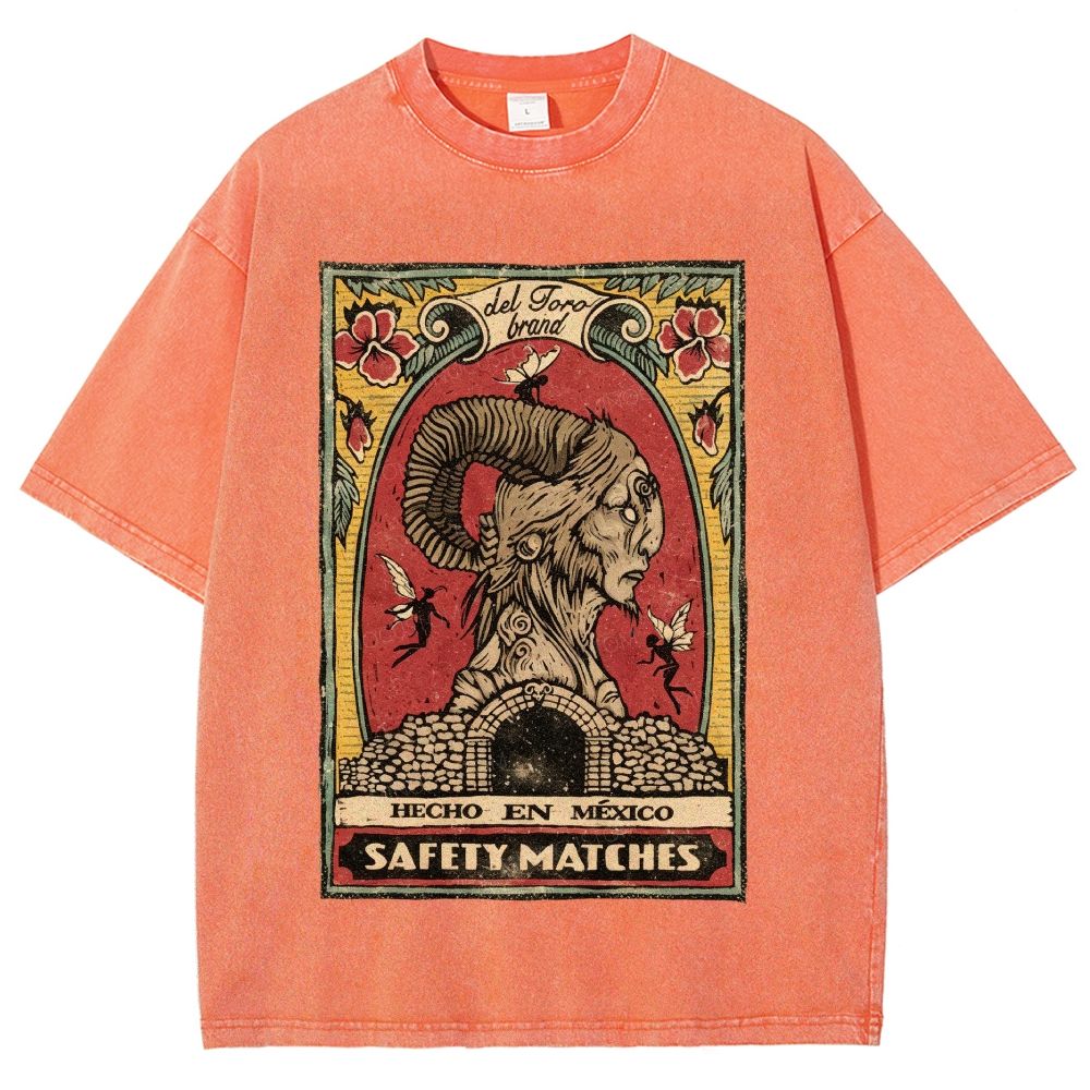 Vintage Mexican Matchbox Style Horned Creature Graphic Unisex Fit Washed T-Shirt