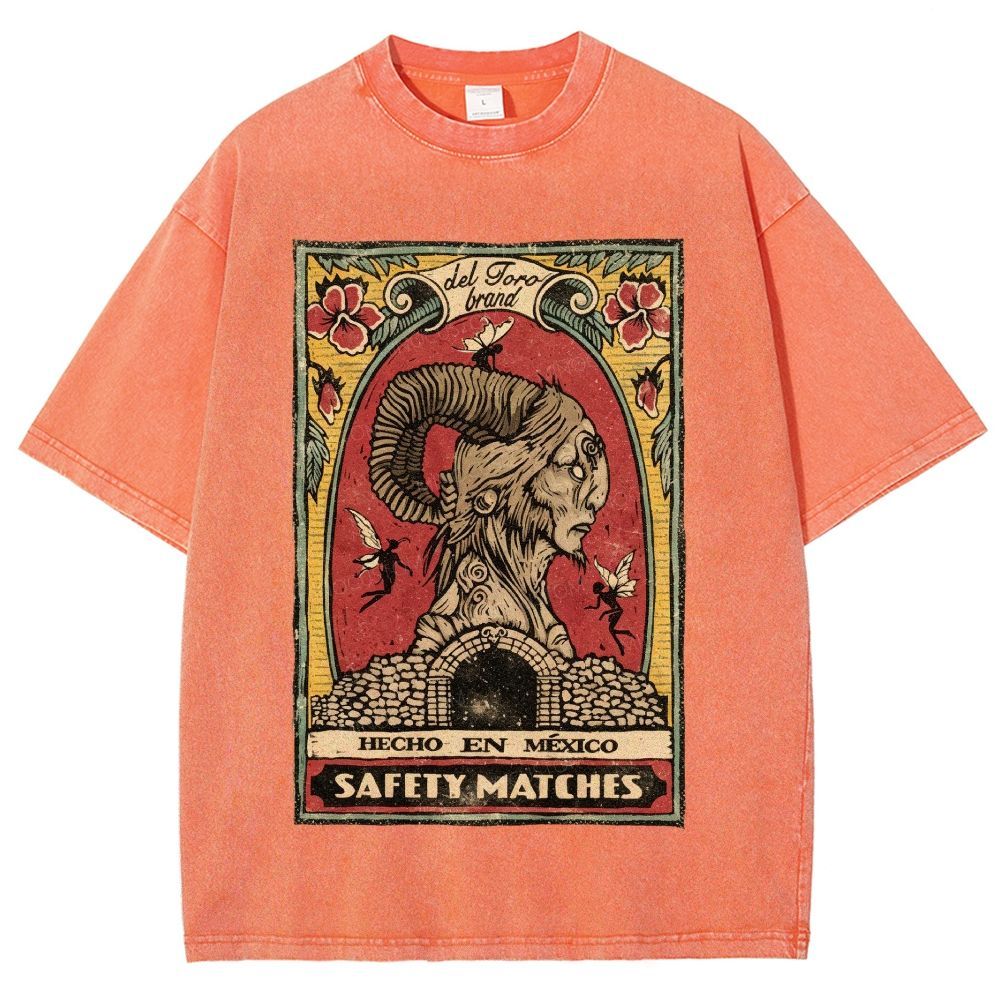 Vintage Mexican Matchbox Style Horned Creature Graphic Unisex Fit Washed T-Shirt