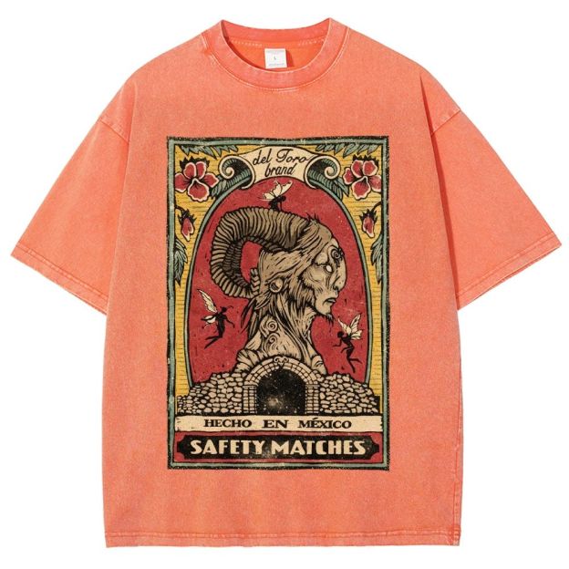 Vintage Mexican Matchbox Style Horned Creature Graphic Unisex Fit Washed T-Shirt
