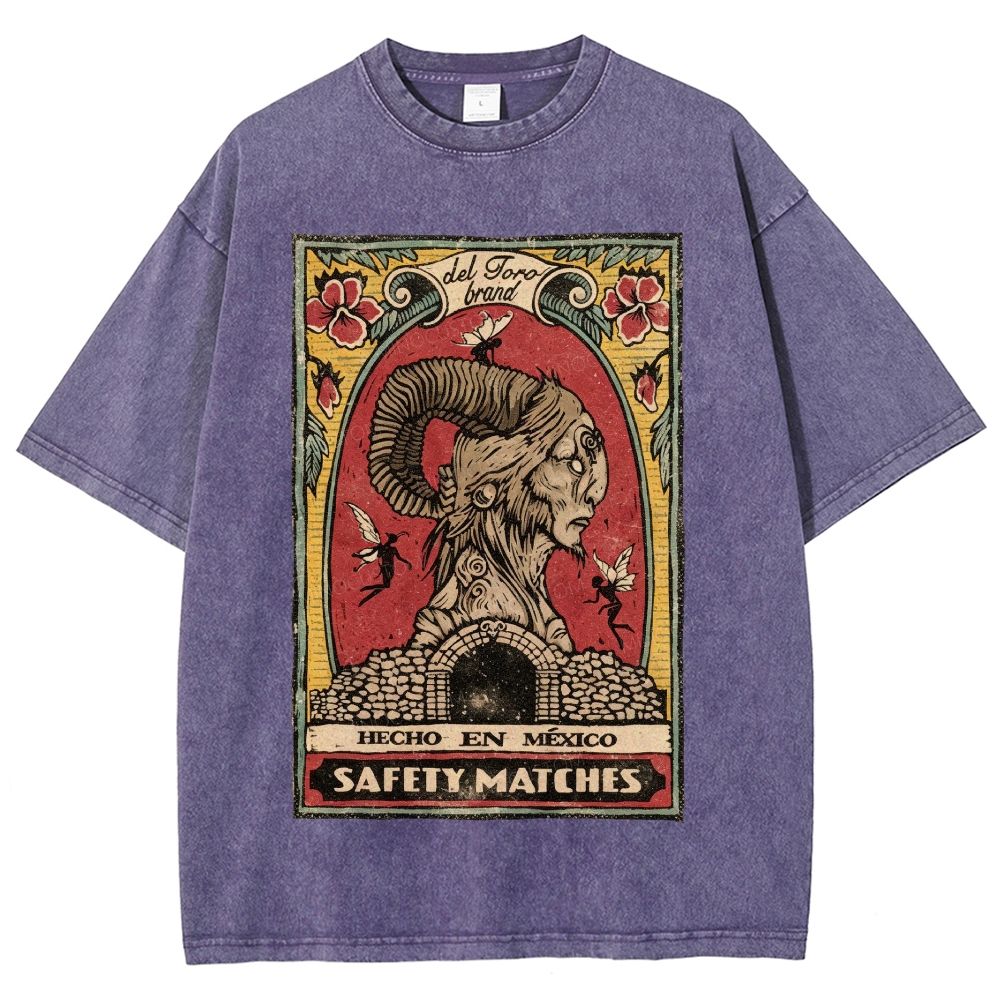 Vintage Mexican Matchbox Style Horned Creature Graphic Unisex Fit Washed T-Shirt
