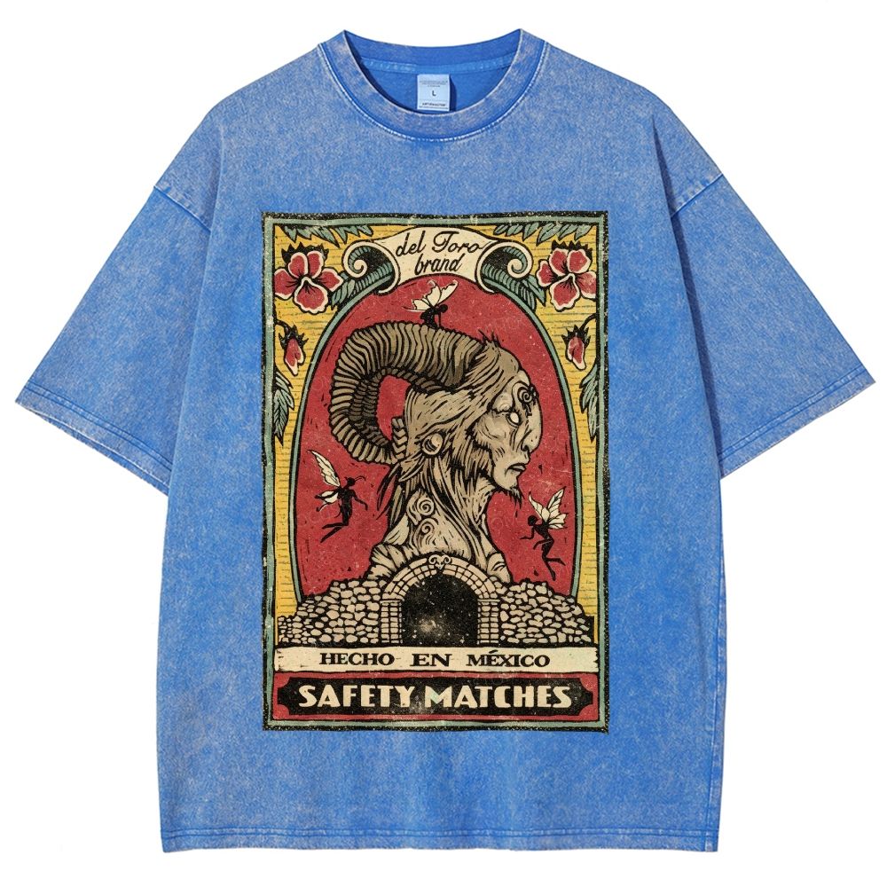 Vintage Mexican Matchbox Style Horned Creature Graphic Unisex Fit Washed T-Shirt