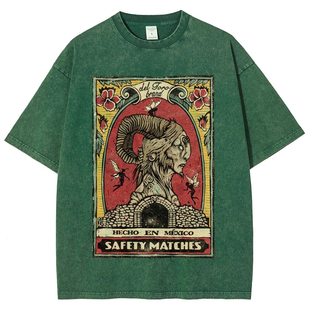 Vintage Mexican Matchbox Style Horned Creature Graphic Unisex Fit Washed T-Shirt
