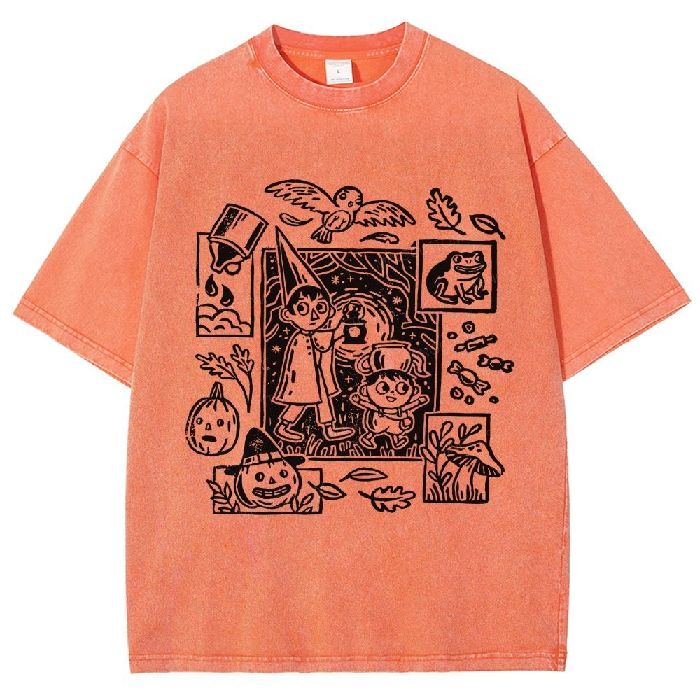 Linocut Style Autumn Magic Boy Creature Pumpkin Unisex Fit Washed T-Shirt