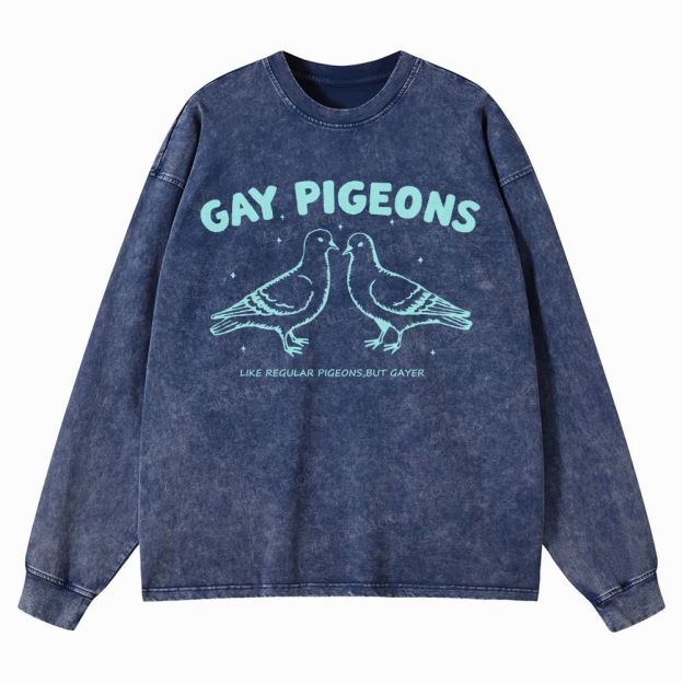Gay Pigeons  Casual Washed Long-Sleeved T-Shirt