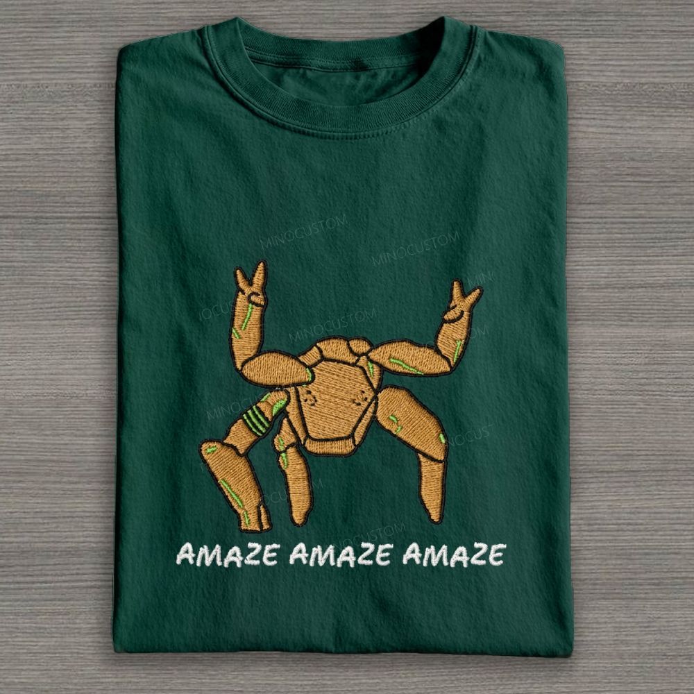 Simulated Embroidery Dancing Crab Peace Sign Funny Cotton T-shirt