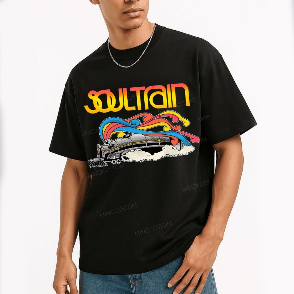 Vintage Train And Rainbow Smoke Cotton T-Shirt 