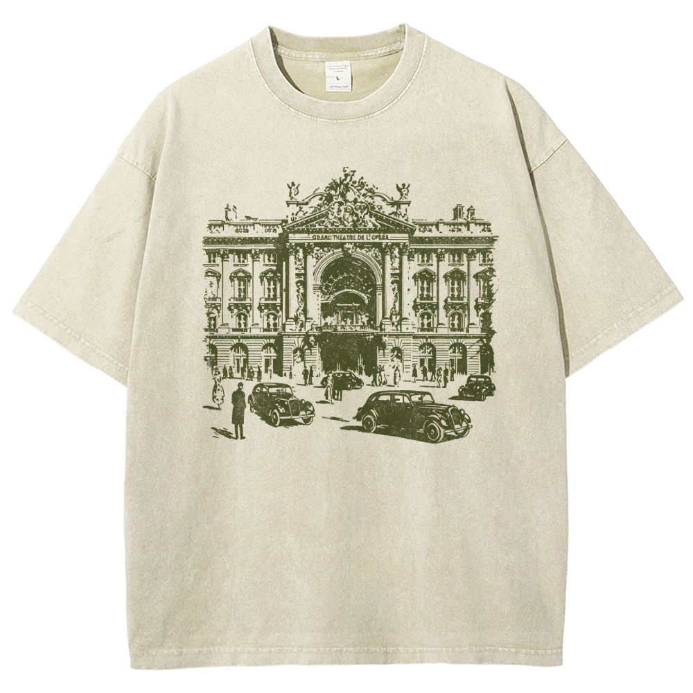 Etching Old Paris Opera House Vintage Classic Car Washed T-shirt
