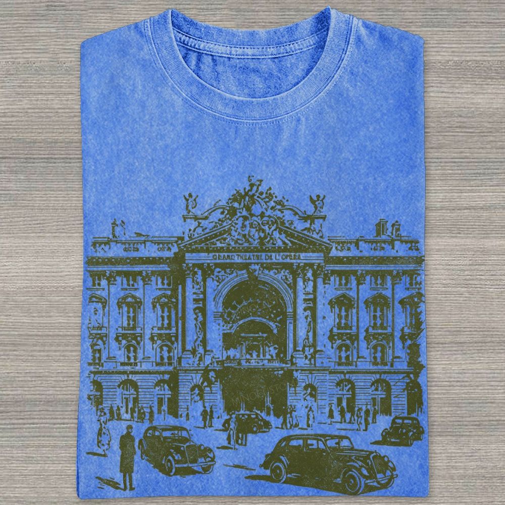 Etching Old Paris Opera House Vintage Classic Car Washed T-shirt