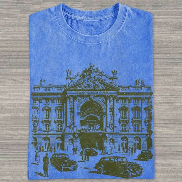 Etching Old Paris Opera House Vintage Classic Car Washed T-shirt