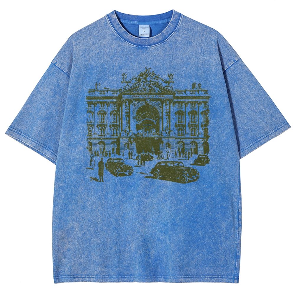 Etching Old Paris Opera House Vintage Classic Car Washed T-shirt