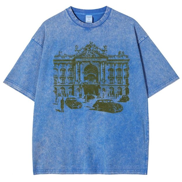 Etching Old Paris Opera House Vintage Classic Car Washed T-shirt