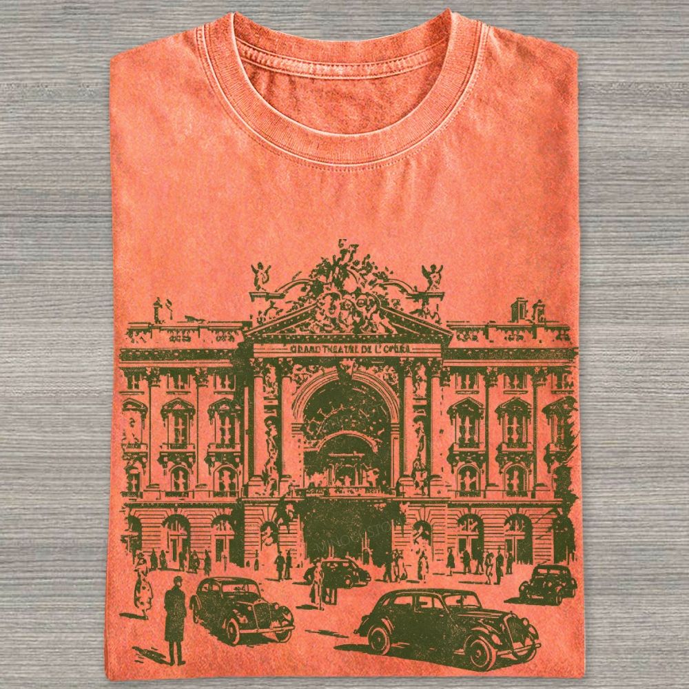 Etching Old Paris Opera House Vintage Classic Car Washed T-shirt