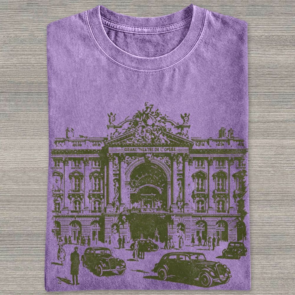 Etching Old Paris Opera House Vintage Classic Car Washed T-shirt