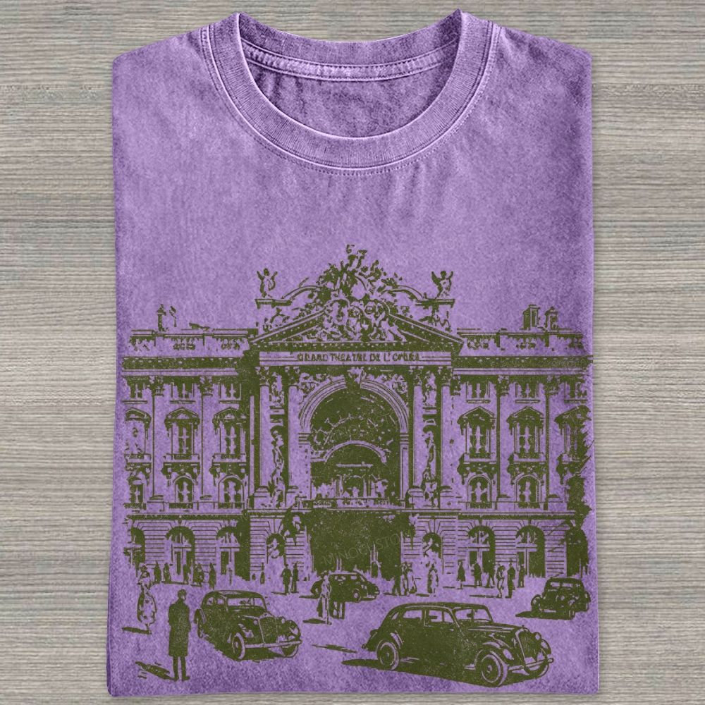 Etching Old Paris Opera House Vintage Classic Car Washed T-shirt